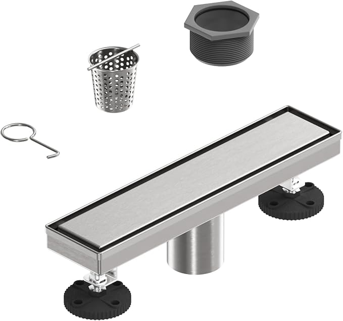 12-Inch Linear Shower Floor Drain, Stainless Steel Bathroom Floor Drains, Rectangular Shower Trench Floor Drain, Hair Strainer, Brushed Nickel