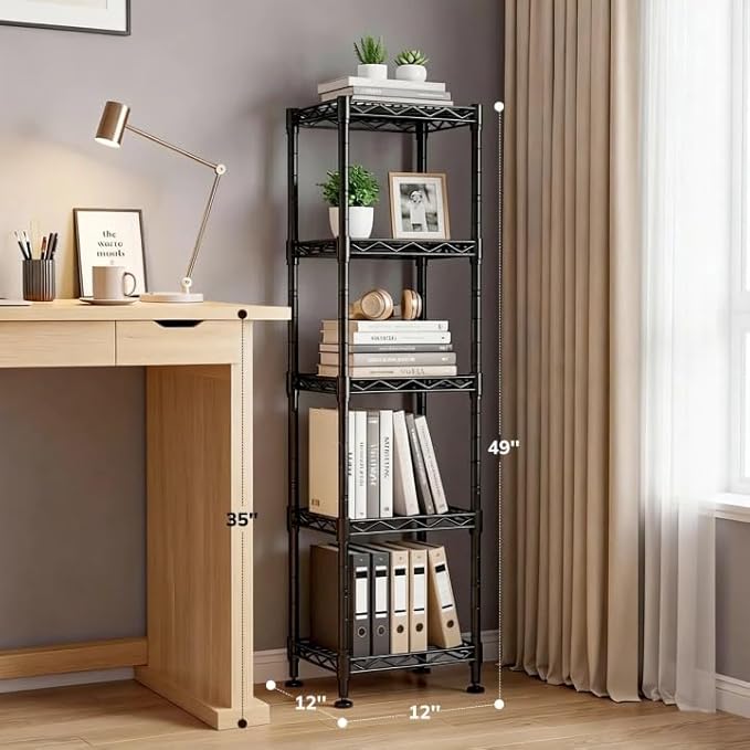5 Tier Metal Shelving Unit Wire Shelves Storage Rack:Adjustable Storage Shelves Standing Bathroom Shelf and Narrow Small Shelf for Laundry Dorm Kitchen Pantry Closet Office 12''Wx12''Dx49''H Black