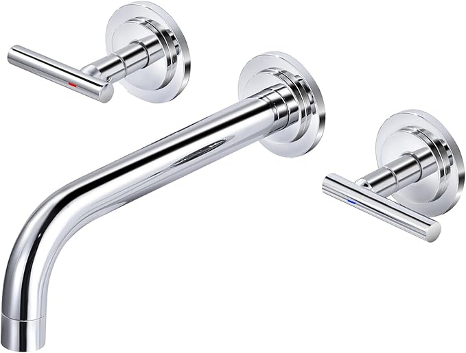 WOWOW Wall Mount Bathroom Faucet:Chrome Wall Faucet High Flow Two Handles Stainless Steels,Long Spout Reach,Widespread Bathroom Sink Faucet with Rough-in Valve 3 Holes Elegant Classic Spout