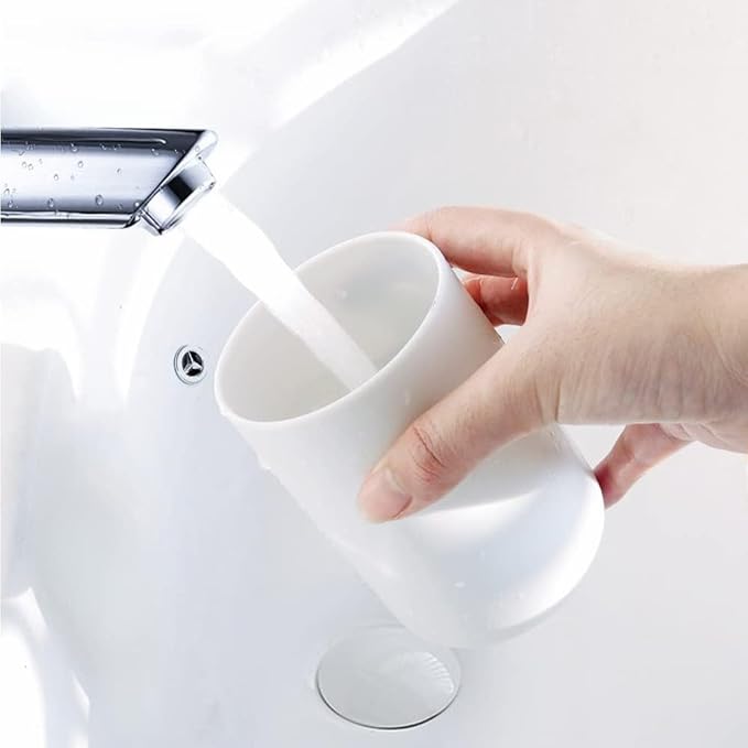 Round Plastic Toothbrush Cups - Couples Wash Cups with Mouthwash Compartments (White)