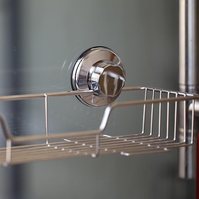 Suction Cups Compact Shower Caddy Bath Shelf with Hooks, Rustproof Stainless Steel Rectangle Storage Basket for Bathroom Kitchen Organizer, 2 Pack