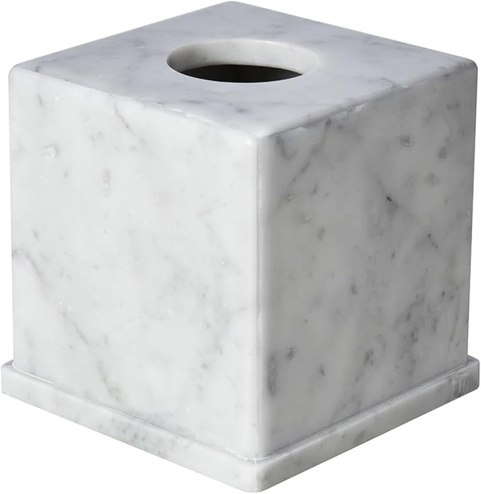 Natural Marble Tissue Box Cover, Carrara White Tissue Organizer 6 x 6 x 5.7 inch, Heavy Stone Decorative Box, Square Tissue Box Holder for Home Decor, Kitchen, Bathroom