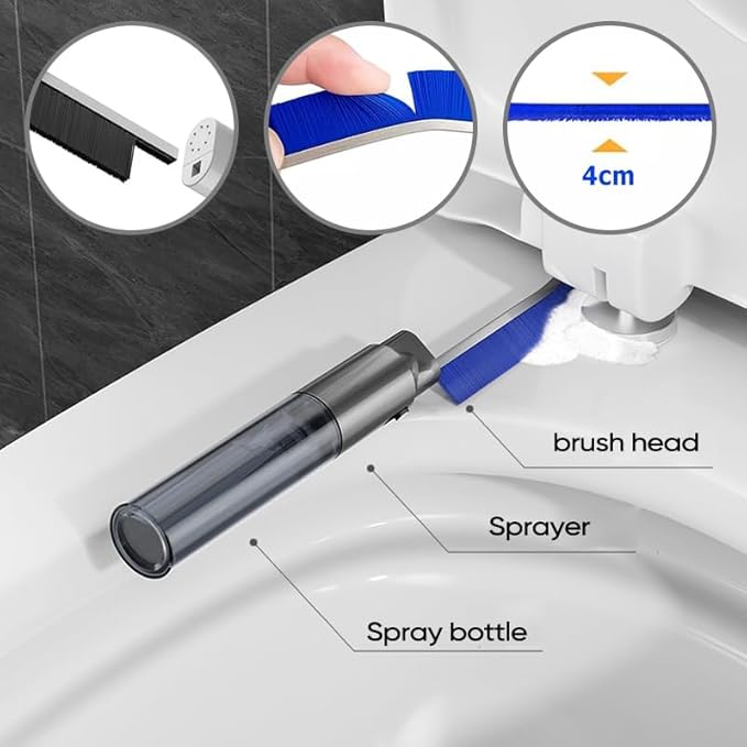 Hard Bristle Crevice Cleaning Brush with Spray Bottle, Grout Cleaner Tool with Stiff Bristles for Tight Spaces, Gap Cleaning Brush for Toilet, Bathroom, Kitchen Surfaces (2, Gray)
