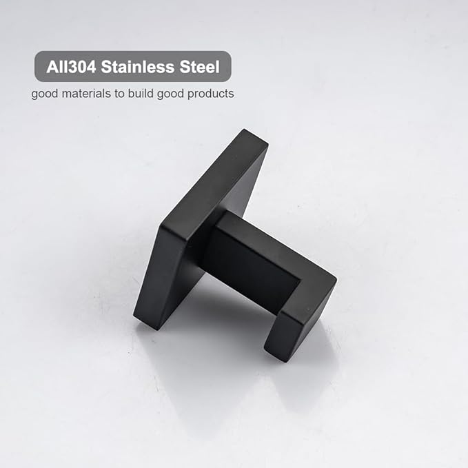 Matte Black Towel Hooks 4 Pack, SUS304 Stainless Steel Bathroom Robe Hook, Heavy Duty Modern Square Coat Holder, Rustproof, Anti-Rotation & Secure L-Shape Design