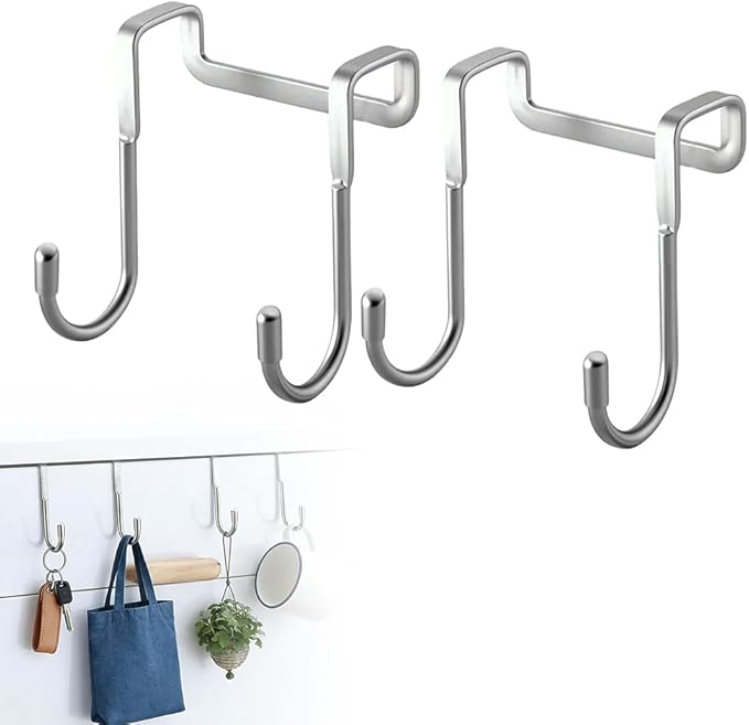 Over Door Towel Rack, Heavy Duty Door Hooks for Hanging, Stainless Steel Double Hanger for Kitchen Bathroom, Removable Wardrobe Door Hook for Dorm Room, Space Saving Cabinet Door Hanger (2PCS)