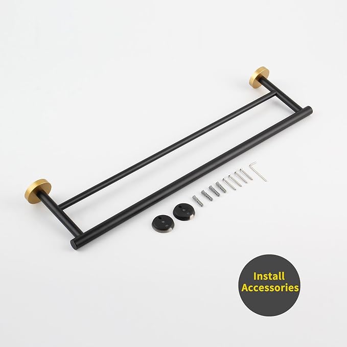 GERZWY 24-Inch Bath Double Towel Bar Stainless Steel Modern Round Style Bath Hand Towel Rack Wall Mount Black & Gold