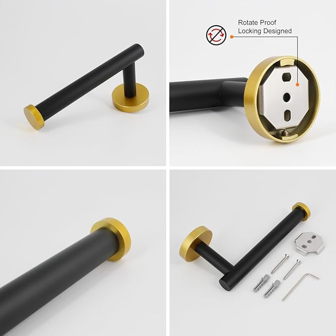 5-Pieces Bathroom Accessories Kit Black & Gold Wall Mounted - Includes 24" Double Towel Bar, 12" Hand Towel Bar, Toilet Paper Holder, 2X Robe Towel Hooks