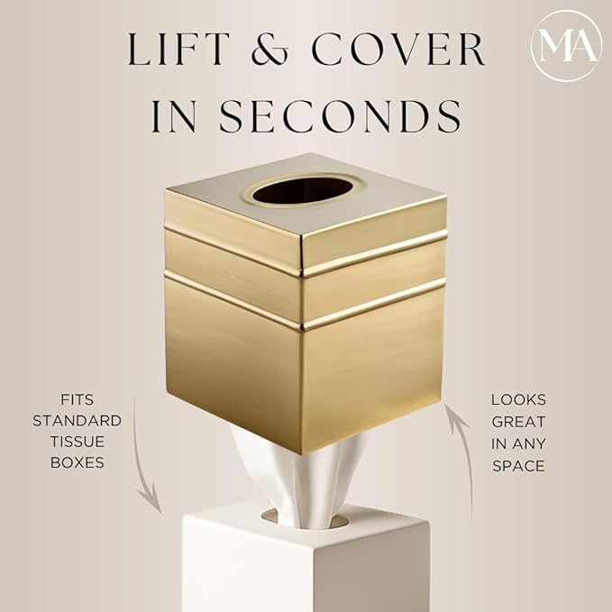 Monarch Abode Tissue Box Cover Square – Handcrafted Border Embossed Brushed Gold Metal Tissue Holder Box for Bathroom Accessory, Aesthetic Decorative Facial Napkin Cube for Modern Home Decor