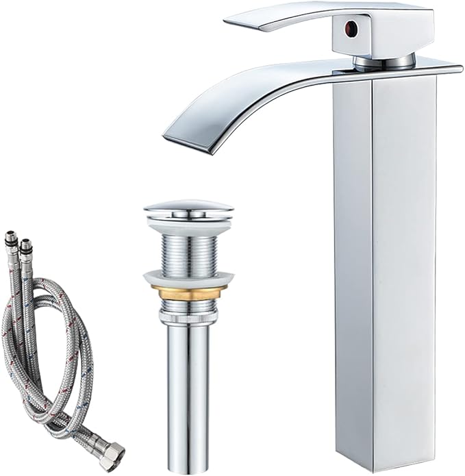 VOTON Vessel Sink Faucet Chrome Modern Tall Waterfall Bathroom Sink Faucet with Pop-Up Drain Single Handle Bathroom Faucet 1 Hole Bowl Lavatory Vanity Faucet, Rv Sink Camper Farmhouse Bathroom Faucet