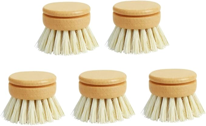 Brush Eco-Friendly Dish Brush Replacement Heads - 5 Pieces Natural Sisal Hemp and Beech Wood Scrubbing Brushes