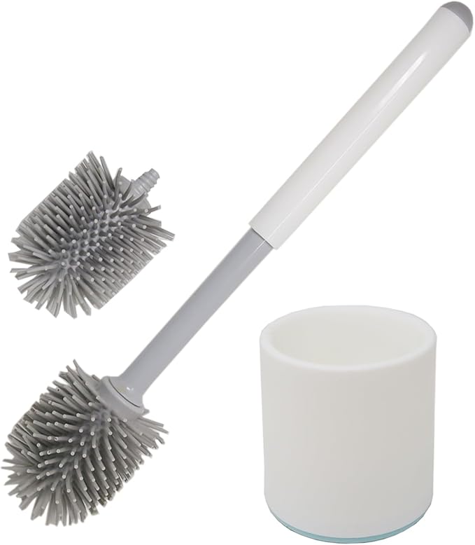 Don Aslett Silicone Toilet Bowl Brush Set (Gray) Includes Slim Brush Holder, Sturdy Handle, & 2 Replacement Heads with Durable Silicone Bristles | Easy to Clean & Compact Toilet Scrubber for Bathroom