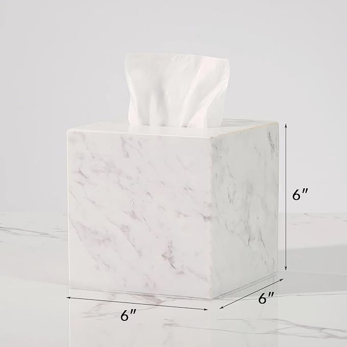 White Marble Tissue Holder, Removable Square Tissue Box with Acrylic Board Bottom, Natural Marble Napkin Box, Premium Tissue Holder Cover for Bathroom, Living Room, Bedroom, Office, Toilet
