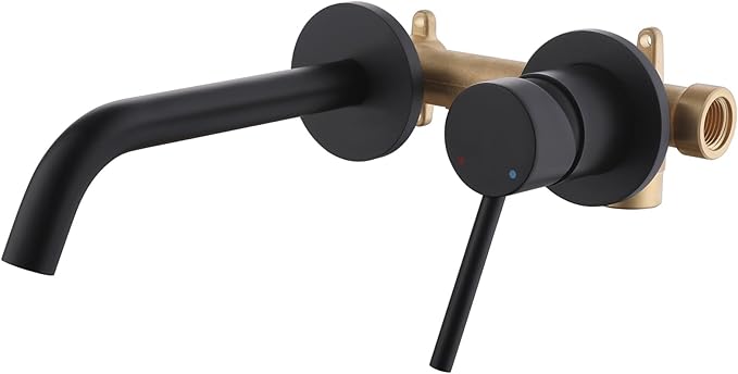 Weshi Bathroom Faucets Wall Mount Matte Black Bathroom Basin Faucet - Single Handle Vanity Tap - Curved Wall Spout Sink Faucet with Rough-in Valve