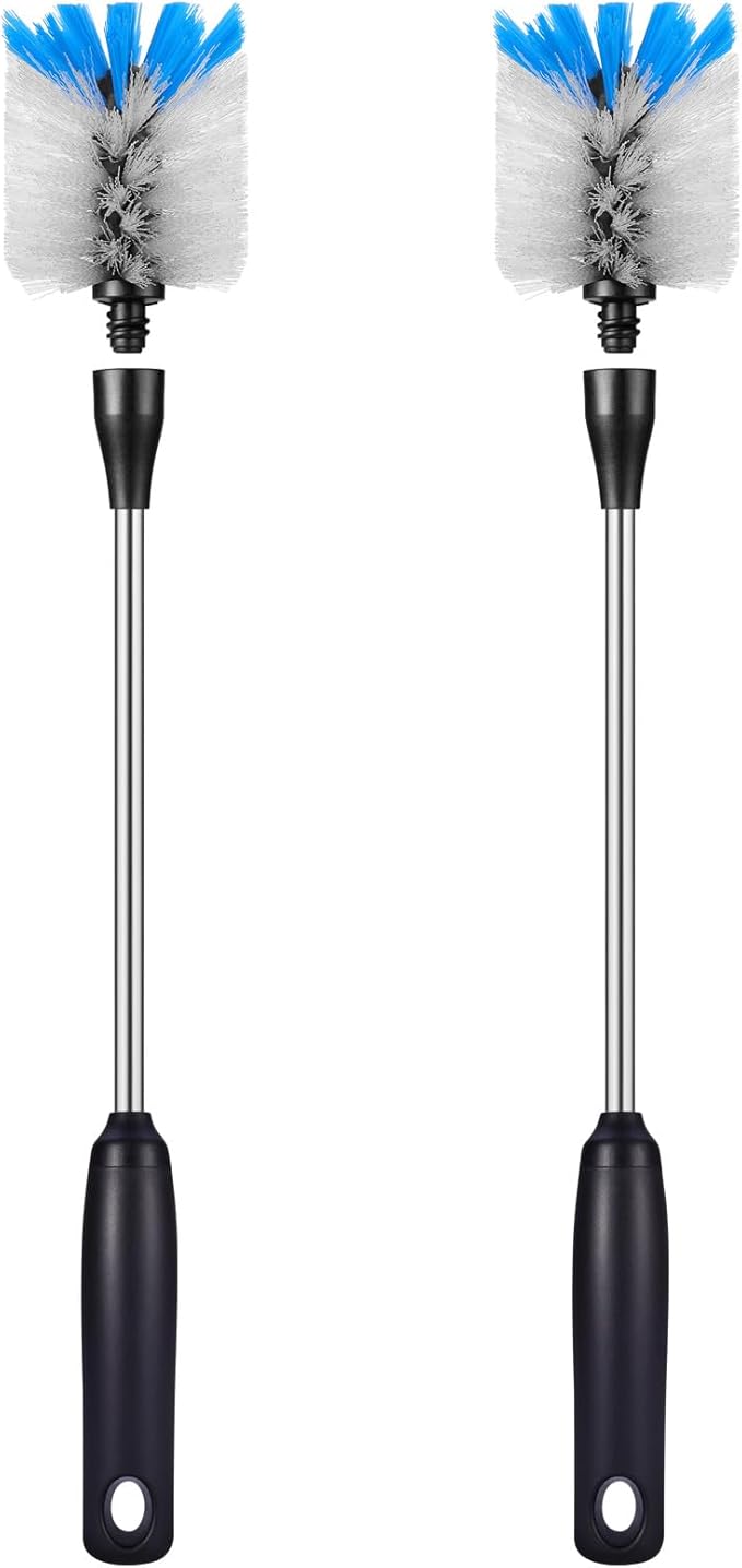 Stainless Steel Bottle Brush with Replaceable Head, 2 Pack Long Handle Scrubbing Brush for Water Bottles, Glasswares, Mugs, Flasks, Tumblers, Vases, and Kitchen Sink, 15 in