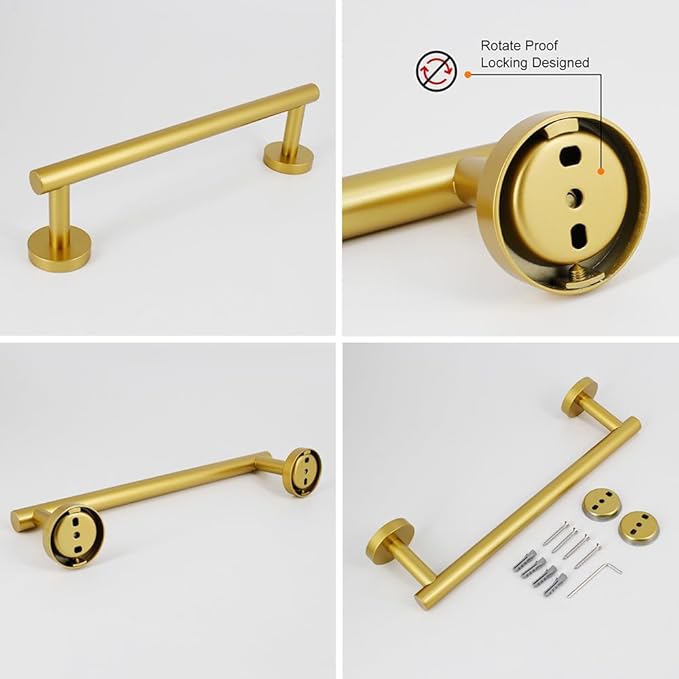 Gold 5-Pieces Bathroom Hardware Set Wall Mounted - Includes 24" Double Towel Bar, 12" Hand Towel Bar, Toilet Paper Holder, 2X Robe Towel Hooks