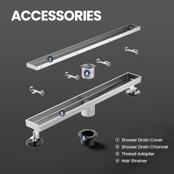 Linear Shower Drain 40 Inch, Brushed AISI 304 Stainless Steel Shower Drain with 2-in-1 Tile Insert Panel, for Bathroom, Kitchen, Garage & More
