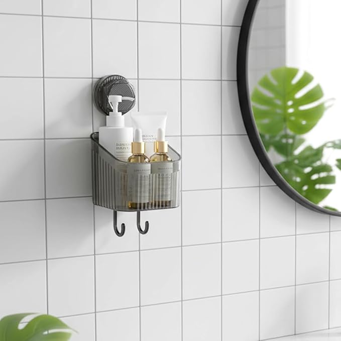 Fliwos No-Drill Bathroom Suction Storage Box, No-Drill Bathroom Shelf, Shower Caddy with Suction Cups, Wall Mount Organizer, Removable Hanging Storage Basket for Home (Grey, Small)