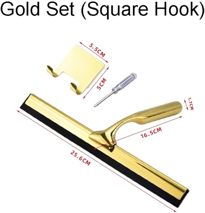 Gold T Design Aluminum Shower Squeegee with Silicone Brush for Bathroom Door Mirror Car Glass with Hook Scraper Cleaner,Gold,25.6 * 16.5cm Hook Type
