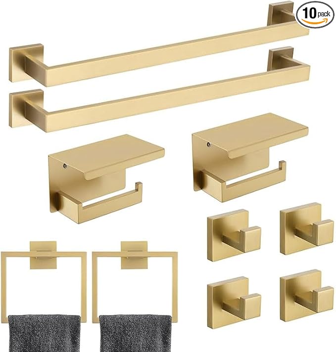 10 Pack Brushed Gold Bathroom Hardware Set - SUS304 Stainless Steel Wall-Mounted Towel Bar, Holder & Racks, 23.6 Inch