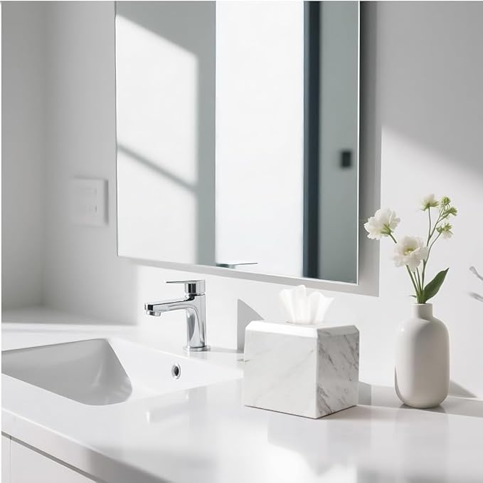 WORHE Tissue Box Cover Italy Natural Marble Heavy Duty Square Facial Toilet Paper Holder for Bathroom Living Room Bedroom Dresser Vanity Kitchen Minimalistic Office Home Decor Jazz White (WH014)