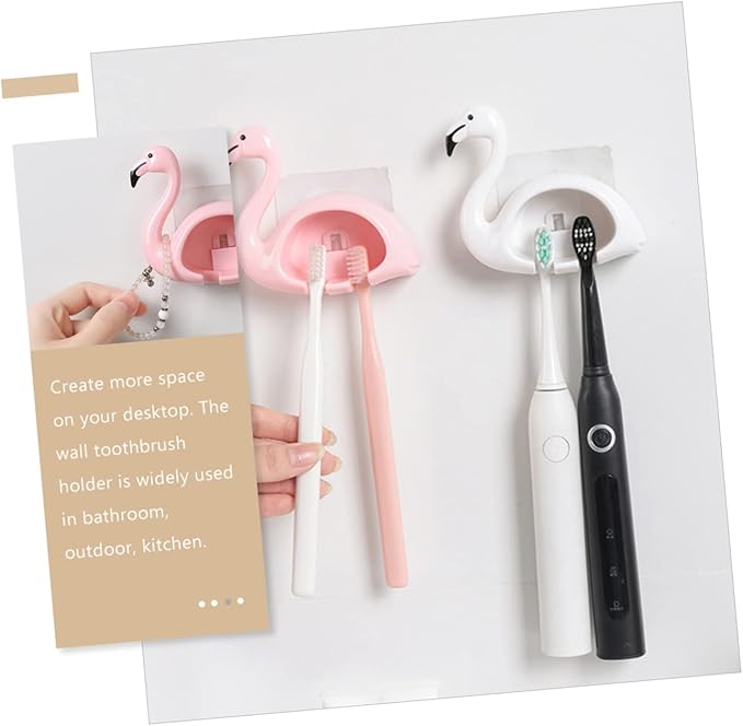 Unomor 2pcs Flamingo Toothbrush Holder Wall Mounted Electric Brush Organizer Punch Installation Cute Cartoon Design for Bathroom Storage and Family Use