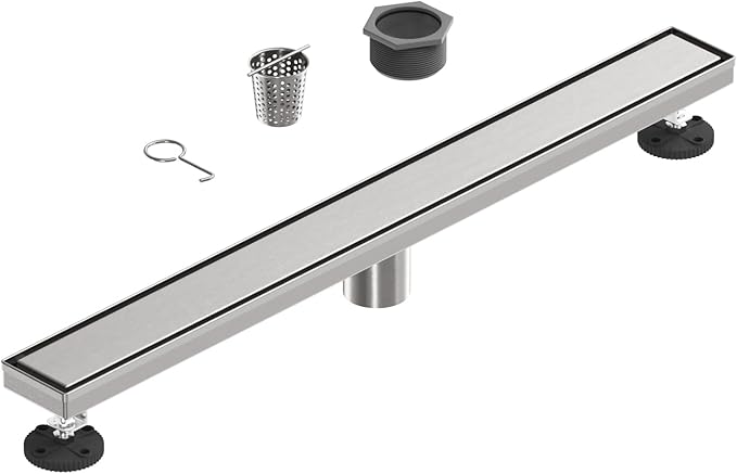 28-Inch Linear Shower Floor Drain, Stainless Steel Bathroom Floor Drains, Rectangular Shower Trench Floor Drain, Hair Strainer, Brushed Nickel