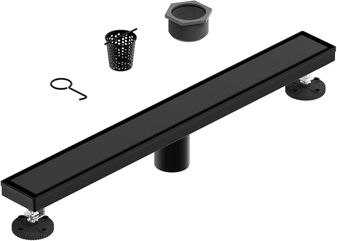 24-Inch Linear Shower Floor Drain, Stainless Steel Bathroom Floor Drains, Rectangular Shower Trench Floor Drain, Hair Strainer, Matte Black