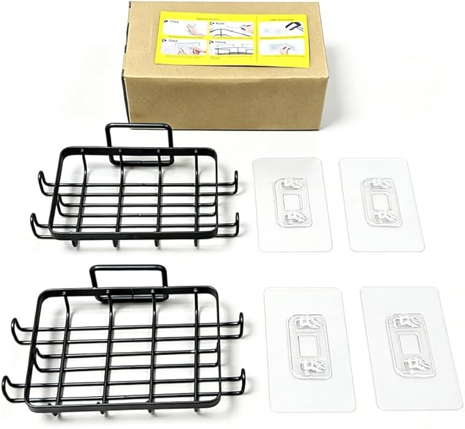 Shower Soap Holder Wall Mounted 2 Pc, Bathroom Soap Holders with 4 Hooks, Razor Holder for Shower Wall, Jaboneras Para Baños Modernos for Storage of Shampoo Bar, Conditioner, Razor, No Drilling, Black