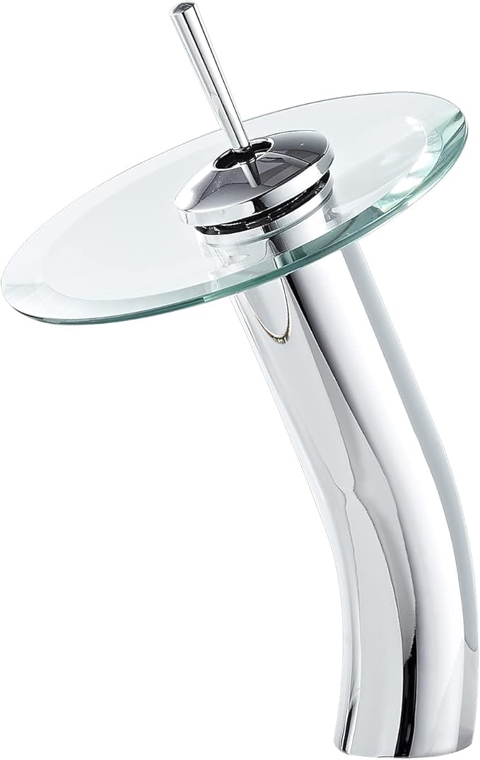 Bathroom Vessel Faucet Chrome Waterfall Glass Spout Single Handle One Hole Bowl Sink Faucet Tall Body Vanity Lavatory Basin Mixer Tap with Supply Hose Deck Mount Commercial