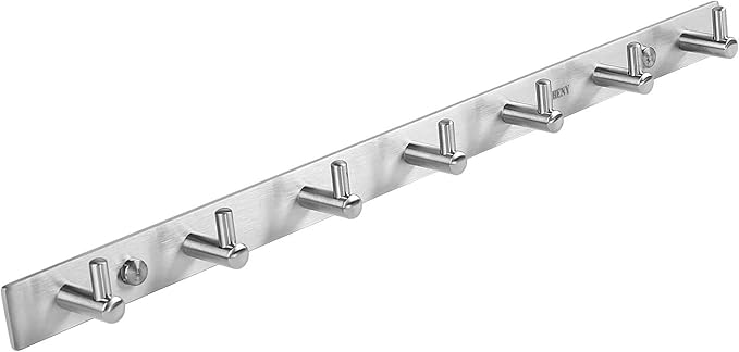 Towel Hook Rack Wall Mounted 17-Inch Coat Hanger with 7 Heavy Duty Hook, Easy to Install Rail for Bedroom, Bathroom, Foyer, Hallway, Garden, Office (304 Stainless Steel Brushed Nickel)