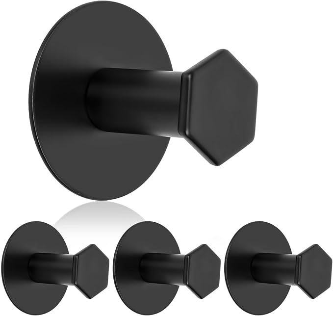 SAYAYO Adhesive Hooks for Hanging Coat, Hat, Robe, Brushes, Stick on Towel Hooks for Bathroom Kitchen, Waterproof SUS304 Stainless Steel Sticky Wall Hooks, No Nails, 4 Pack, Black