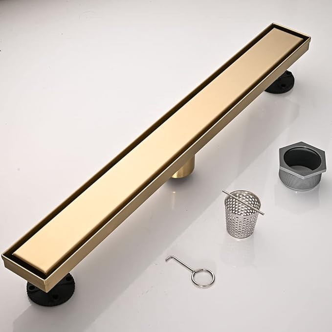 Linear Shower Floor Drain, Brushed Gold 36 Inch 304 Stainless Steel Bathroom Drains Kit, Rectangular Shower Trench Drain with Reversable Tile-in Pattern Drain Cover & Hair Catcher