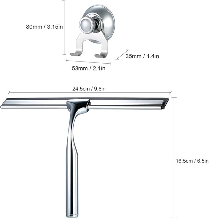 Shower Squeegees Stainless Steel Window Glass Wiper Cleaner Squeegee for Shower Door Bathroom Kitchen Car Mirror - with Suction Cup Hook Holder