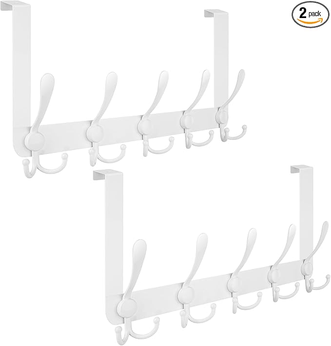 TICONN Over The Door Hooks, 5 Heavy Duty Tri Coat Rack All Metal Coat Hanger for Bathroom Bedroom Dorm (White, 2PK, Fit 1-3/8" Doors)