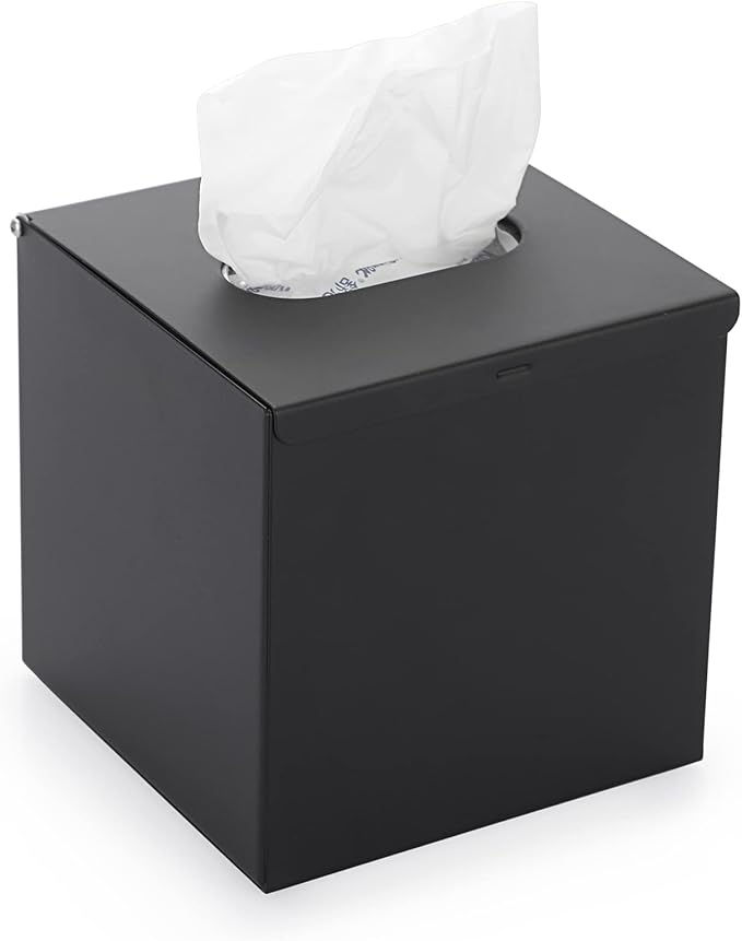 Sumnacon Square Tissue Box Cover - Stylish Cube Stainless Steel Tissue Box Holder, Modern Metal Facial Tissue Holder for Dresser Table Night Stand Bathroom Vanity Home Office Bar Wall Decor, Black
