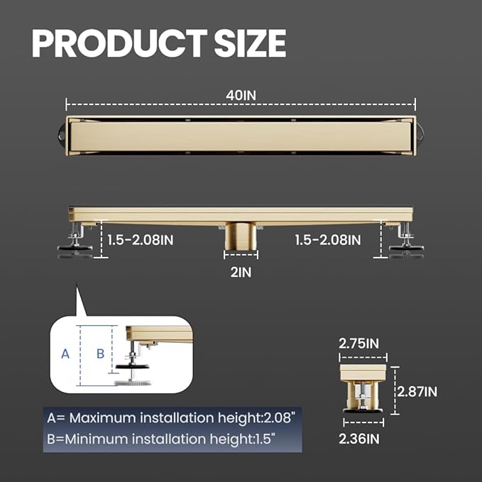 Linear Shower Drain 40 Inch Gold, Brushed AISI 304 Stainless Steel Shower Drain with 2-in-1 Tile Insert Panel, for Bathroom, Kitchen, Garage & More