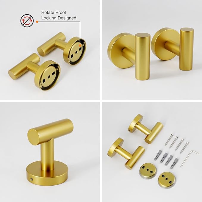 Gold 5-Pieces Bathroom Hardware Set Wall Mounted - Includes 24" Double Towel Bar, 12" Hand Towel Bar, Toilet Paper Holder, 2X Robe Towel Hooks