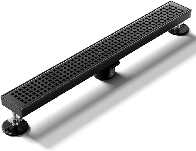 Linear Shower Drain 18 Inch Black, Brushed AISI 304 Stainless Steel Shower Drain with Square Hole Panel, for Bathroom, Kitchen, Garage & More