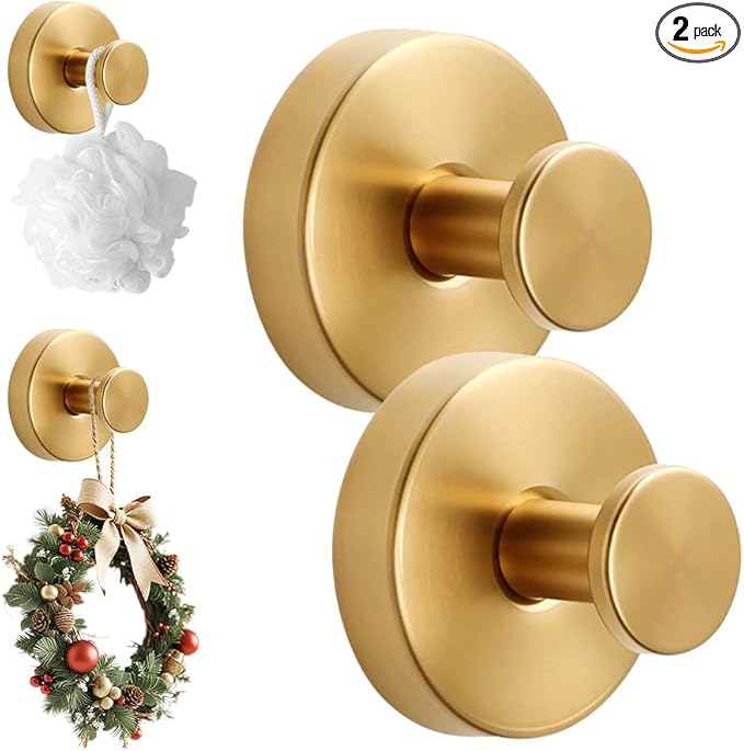 2 Packs Suction Cup Hooks for Wreaths on Glass, Waterproof No-Drill Shower Hooks for Towels, Robes, Coats, Wreaths,Wall Mount Hook for Bathroom, Kitchen and Wreath Hanger for Front Door (2pcs Gold)