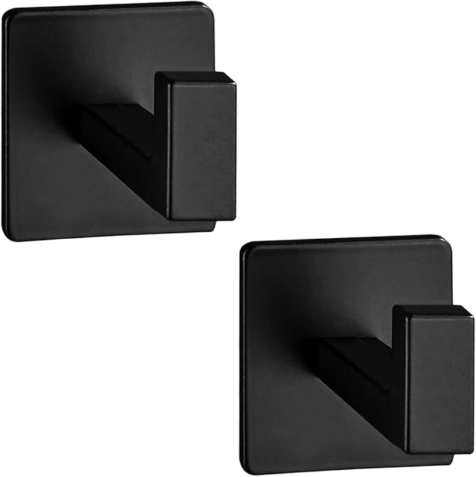 Bathroom Towel Hooks, 2 Pack Self Adhesive Square Coat Hooks, Sturdy No Drilling Robe Hook, Heavy Duty Aluminum Clothes Hanger, Wall Hooks for Bathroom Bedroom Kitchen(Black, 2 in)