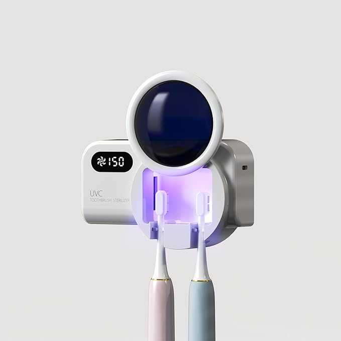 Toothbrush Holders for Bathrooms,Smart Clean and 30 Minute Air Dry, LED Smart Screen, Stylish Bathroom Accessories Wall Mounted Toothbrush Holder, Travel Toothbrush Holder (White)