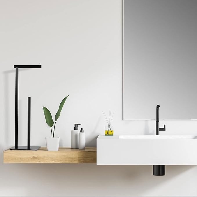 Black Toilet Paper Holder Stand, Bathroom Toilet Tissue Paper Roll Storage Free Standing Tissue Roll Holder Industrial Toilet Paper Dispenser for Farmhouse Washroom