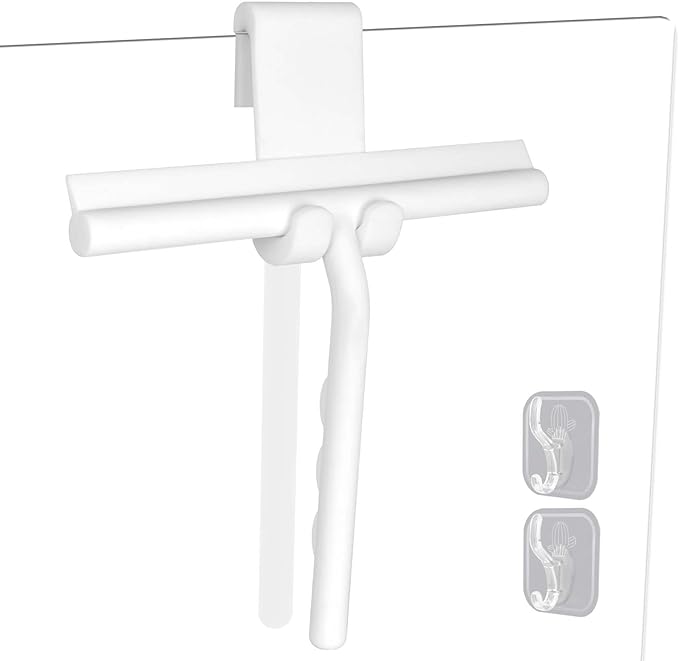 Shower Squeegee for Glass Doors, Full Silicone Jacketed Squeegee with Ergonomic Handle & No-Drill Hook, Cleaning Tool for Windows, Mirrors, Tiles, Bathroom & Car - White