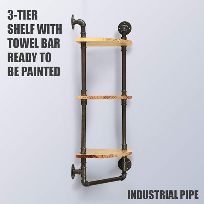 Industrial Pipe Shelf, Rustic Corner Shelves with Towel Bar,Bathroom Shelves Wall Mounted,3 Tiered Metal&Real Wood Home Decor Floating Shelves