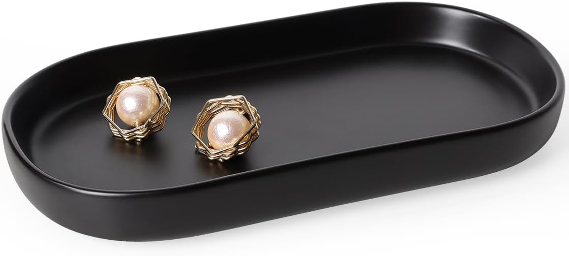 INGOFIN 7" Ceramic Bathroom Vanity Tray- Bathroom Organizer Countertop Tray for Perfume, Jewelry, Candles, Small Kitchen Counter Soap Tray, Decorative for Bathroom Vanity, Toilet Tank, Black