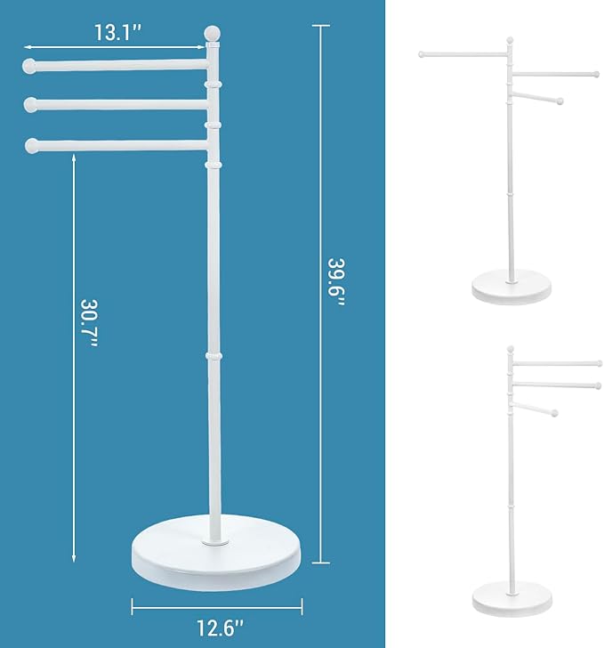 MyGift 40 Inch Bathroom Towel Holder, Matte White Metal Floor Standing Rack with 3 Swivel Bars, Spa Pool Hot Tub Valet Accessories Stand for Drying Towels