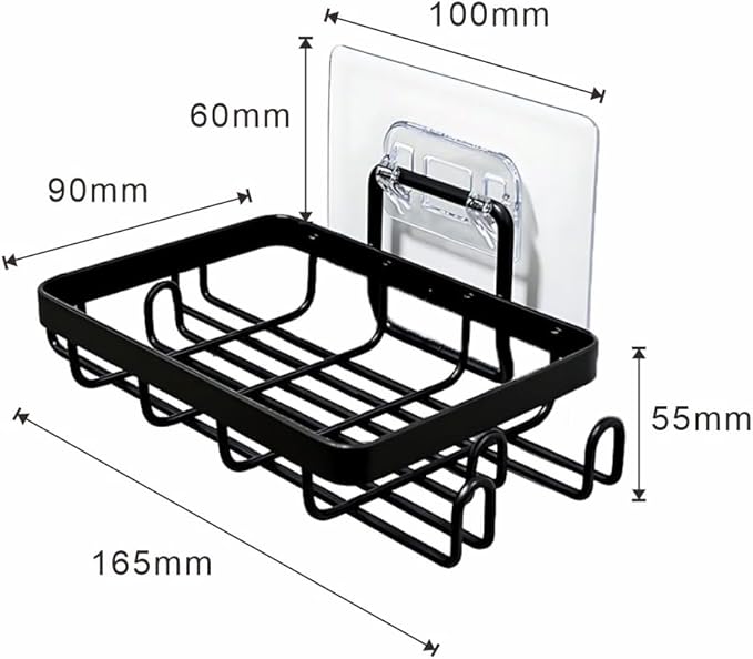 Shower Soap Holder Wall Mounted 2 Pc, Bathroom Soap Holders with 4 Hooks, Razor Holder for Shower Wall, Jaboneras Para Baños Modernos for Storage of Shampoo Bar, Conditioner, Razor, No Drilling, Black