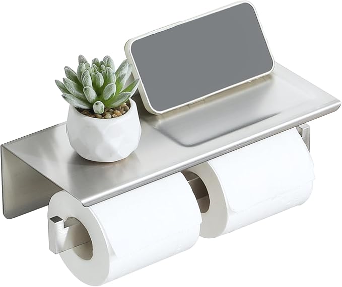 Alise Double Toilet Paper Holder,Bathroom Tissue Holder with Shelf,SUS304 Stainless Steel Toilet Paper Roll Holder Storage Dispenser,Self Adhesive or Wall Mount Drilling Paper Rack,Brushed Nickel