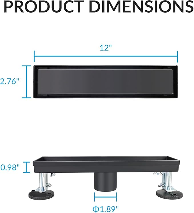 12 Inch Linear Shower Drain Matte Black Floor Drain for Bathroom Kitchen Rectangular 2 in 1 Floor Drain Tile Insert Cover 304 Stainless Steel Easy Install with Hair Strainer, Adjustable Leveling Feet
