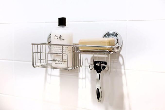 Gecko-Loc Large Combo suction cup wall mount bathroom shower caddy - shampoo storage basket shelf organizer caddie bath shelves - Silver